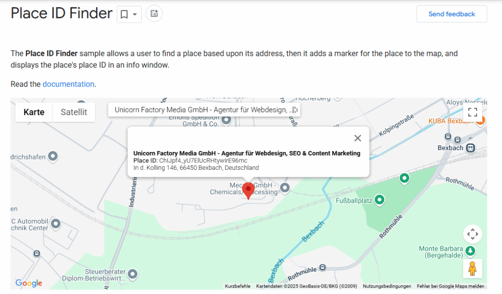 Google Place ID Finder mit Standortanzeige der Unicorn Factory Media GmbH auf der Karte.