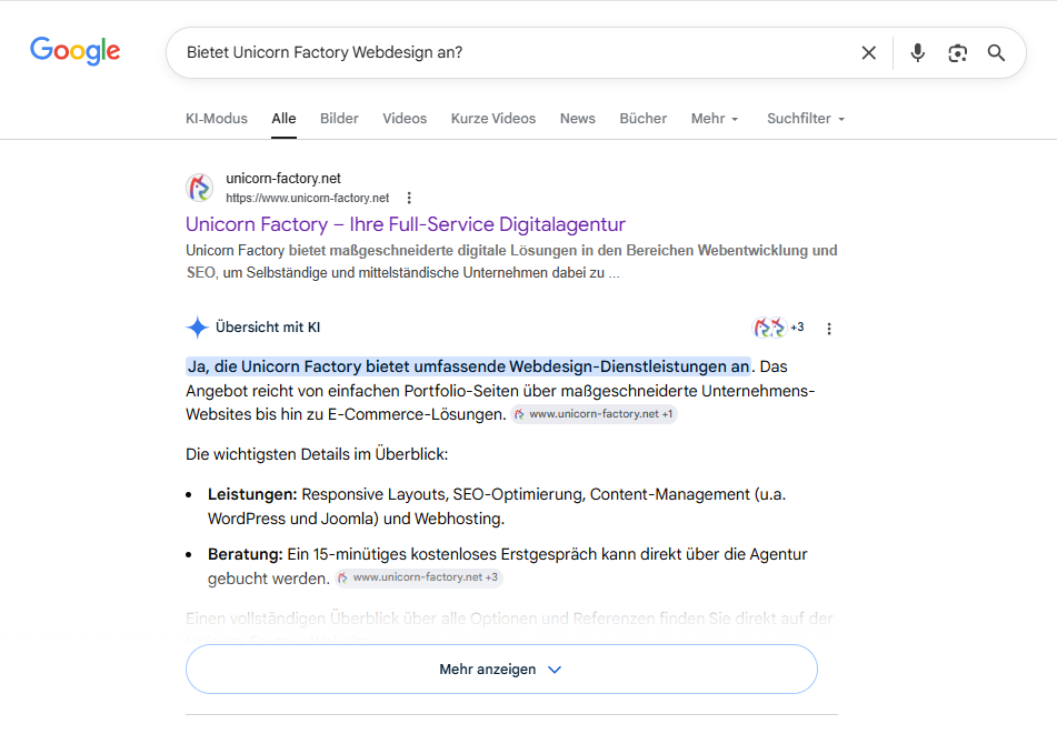Overview Antwort der Google KI