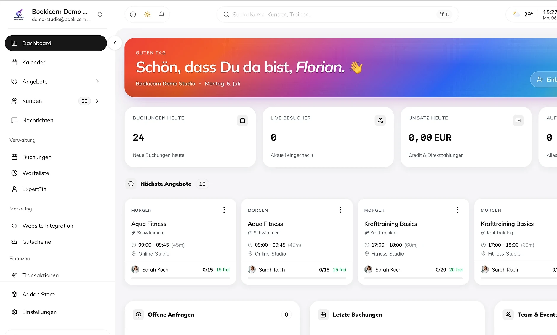 Bookicorn Studio-Dashboard: Buchungen und Umsatz des Tages, kommende Kurse mit Trainerzuordnung und freien Plätzen
