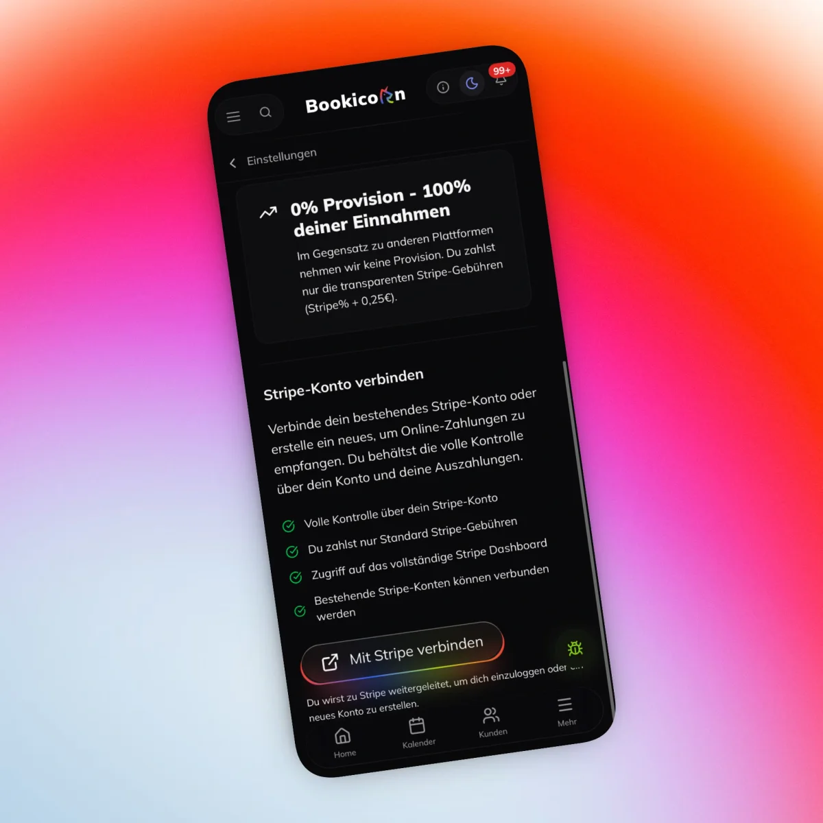 Bookicorn-App: Hinweis „0 % Provision – 100 % deiner Einnahmen“ und der Dialog zum Verbinden des Stripe-Kontos