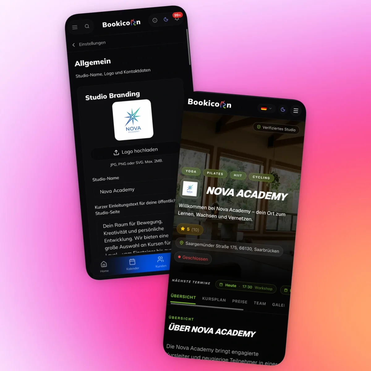 Bookicorn-App: Studio-Branding mit Logo und Einleitungstext, daneben die fertige oeffentliche Studio-Seite auf dem Smartphone