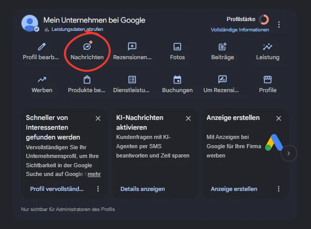 Unternehmensprofil Dashboard mit Button Nachrichten und Kachel KI-Nachrichten aktivieren